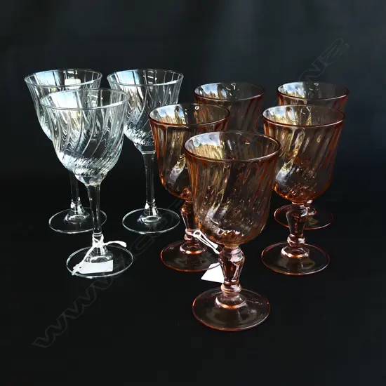 EIGHT LUMINARC FRANCE WINE GLASSES FIVE PEACH AND THREE CLEAR