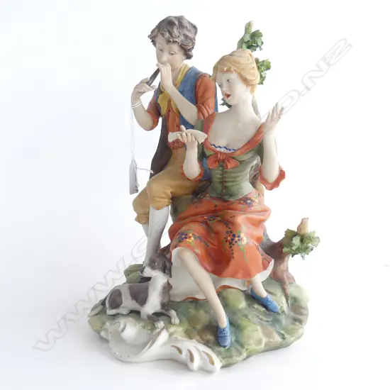 LARGE CAPODIMONTE FIGURINE - YOUNG COUPLE WITH DOG. A/F SIGNED BIZETO H. 310MM