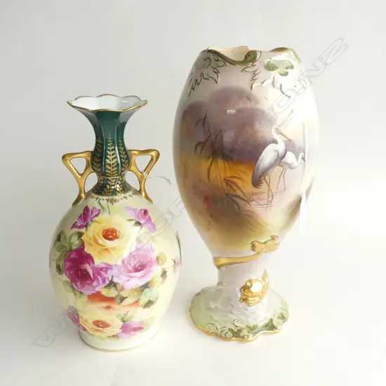 CROWN DEVON  HAND PAINTED STORK VASE H280MM & PORCLAIN FLORAL PAINTED VASE  H235MM