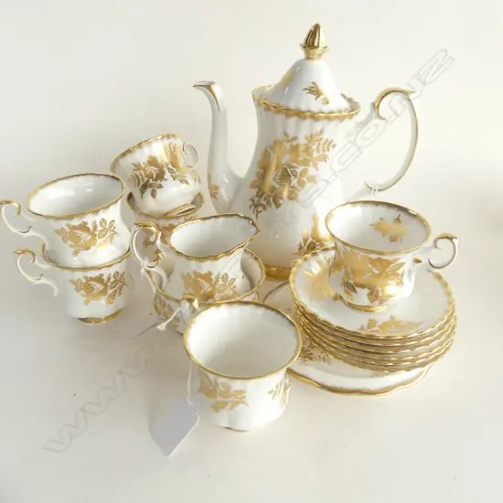 ROYAL ALBERT 'GOLDEN ROSE' DEMITASSE COFFEE SET; COFFEE POT & COASTER, JUG & BOWL, 6 CUPS & SAUCERS 