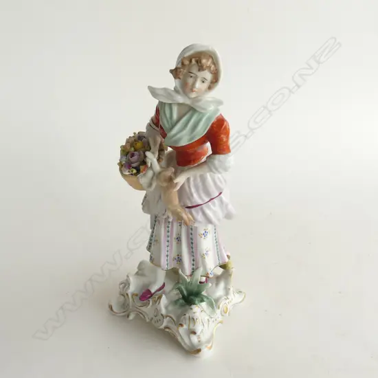 VINTAGE GERMAN FIGURINE; LADY WITH BASKET OF FLOWERS & RABBIT H. 225MM