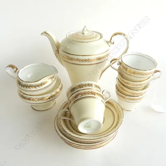 ANYSLEY DEMITASSE COFFEE SET; IVORY & GOLD. COFFEE POT, JUG & BOWL, 6 CUPS & SAUCERS 