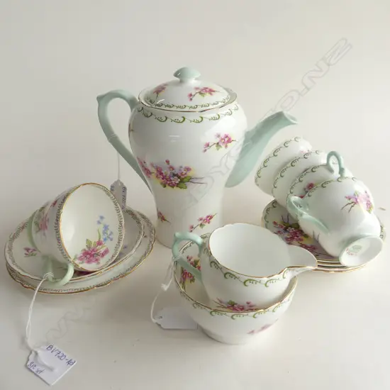 SHELLEY 'STOCKS' DEMITASSE SET; COFFEE POT, SUGAR BOWL, MILK JUG & 4 CUPS & SAUCERS + 1 FULL SIZE TRIO 