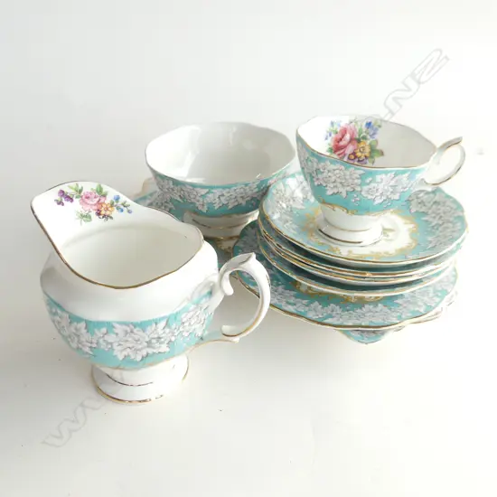 ROYAL ALBERT 'ENCHANTMENT' PART SET; JUG & BOWL, TRIO, 3 SAUCERS, LONG SANDWICH PLATE 