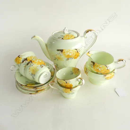 AYNSLEY YELLOW ROSE COFFEE POT, JUG & BOWL + 5 DEMITASSE CUPS & SAUCERS 