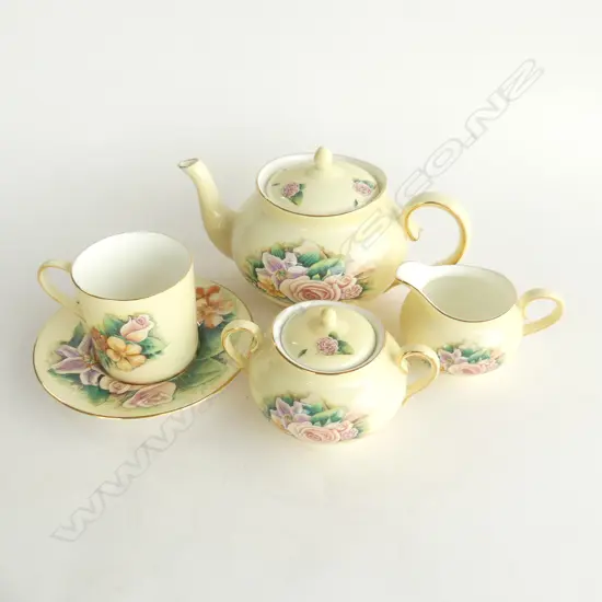 TEA FOR ONE SET; 'LOVE IS KIND' TEAPOT, SUGAR BOWL & JUG, CUP & SAUCER 