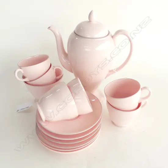WEDGWOOD BABY PINK DEMITASSE COFFEE SET; COFFEE POT, SUGAR BOWL & 6 CUPS & SAUCERS 