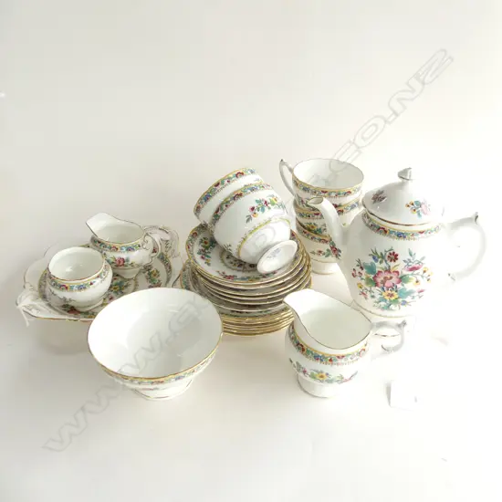 COALPORT 'MING ROSE' TEA SET; TEAPOT, 5 TRIOS, 2 CREAMER JUGS, SLOP BOWL, SUGAR BOWLM, CAKE DISH & SPARE SAUCER & PLATE