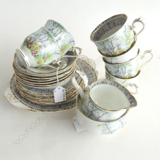 ROYAL ALBERT 'SILVER BIRCH' 21 PC TEASET; 6 TRIOS, CAKE PLATE, MILK JUG & SUGAR BOWL