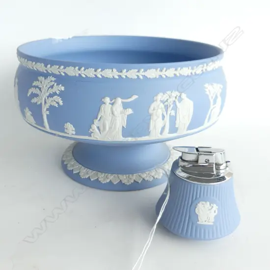 WEDGEWOOD BLUE JASPER LARGE BOWL W200MM H135MM & BLUE JASPER TABLE LIGHTER H60MM