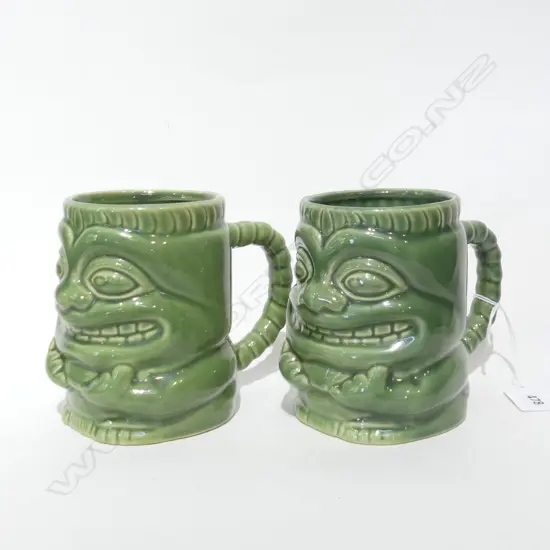 PAIR GREEN TIKI MUGS