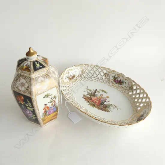 2 VINTAGE PCS GERMAN PORCELAIN; GINGER JAR (AF/) (H.215MM) & PIERCED DISH (L 275MM)