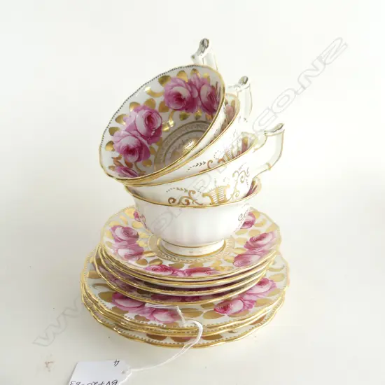 VINTAGE PORCELAIN - PINK & GOLD CABBAGE ROSE PATTERN; 3 TRIOS & 1 DUO 
