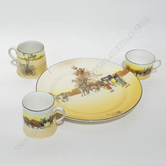 ROYAL DOULTON COACHING DAYS; PLATE (DIA 265MM)  + 3 ASST CUPS 