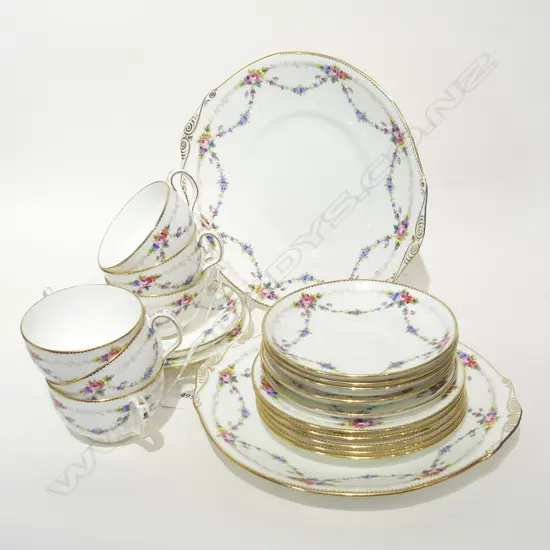 VINTAGE MINTON TEASET; 6 TRIOS & 2 TAB HANDLE CAKE PLATES C1912-1950