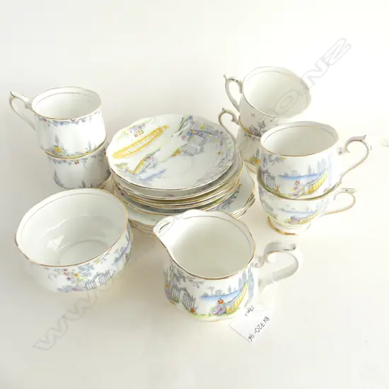 ROYAL ALBERT 'ROSEDALE' PART TEASET; 6 CUPS, 5 SAUCERS, 4 PLATES, MILK JUG & SUGAR BOWL