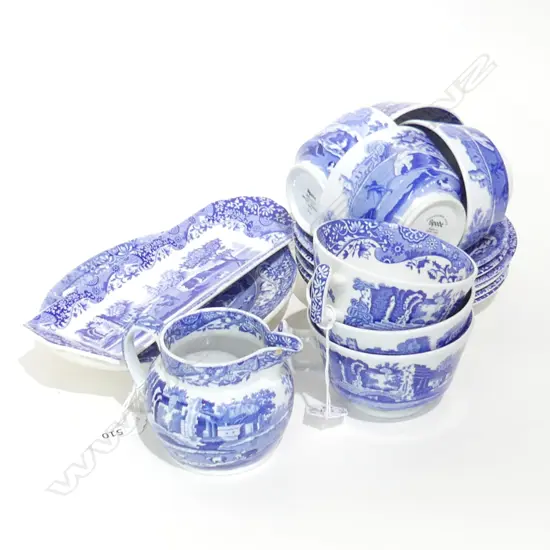 SPODE BLUE & WHITE ITALIAN DESIGN TEASET; 6 CUPS & SAUCERS, JUG, SUGAR BOWL, 2 SM PLATES
