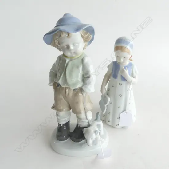 GERMAN FIGURE OF BOY WITH DOG H230MM & FIGURE OF GIRL WITH BOOK H180MM