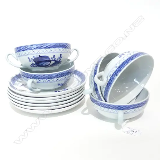 5 BLUE & WHITE SOUP COUPES & UNDER PLATES + SPARE COUPE,  DENMARK BEEHIVE STAMP TO BASE