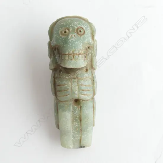 PRE-COLUMBIAN MIXTEC CULTURE CARVED JADE DEATH IDOL FIGURE H.82mm