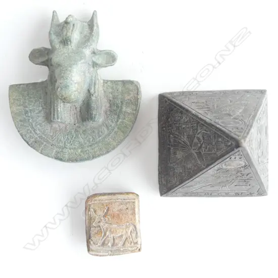 3 ANCIENT STYLE ARTIFACTS: BULLS HEAD. PYRAMID FORM & TILE SEAL