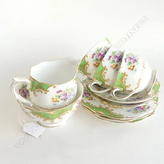 ROYAL ALBERT CROWN CHINA "ALBANY GREEN' 3 TRIOS, SUGAR BOWL & MILK JUG 