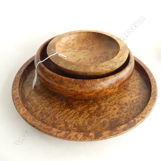 3 BURR WOODEN PCES; 2 BOWLS + TRAY 335mm dia