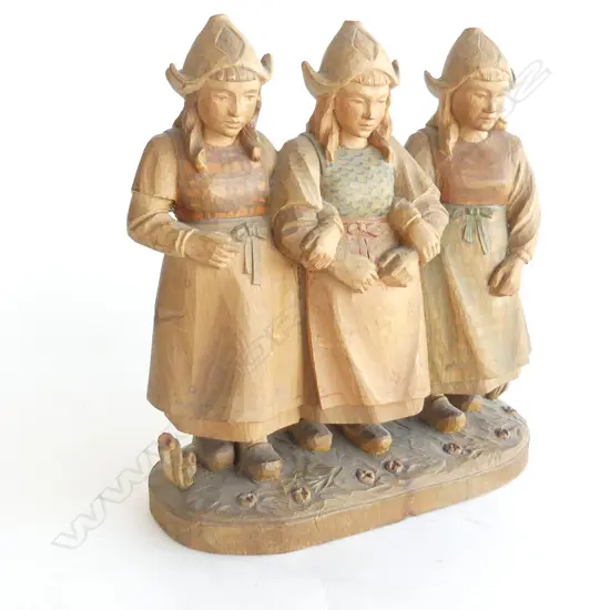 ANRI VINTAGE WOODEN CARVING OF 3 DUTCH GIRLS, SIGNED ANRI H. 220MM