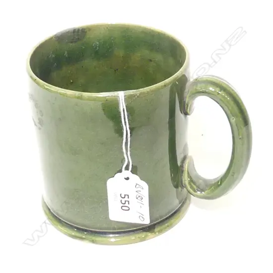Luke Adams mug cylindrical form rich green glaze printed mark to base