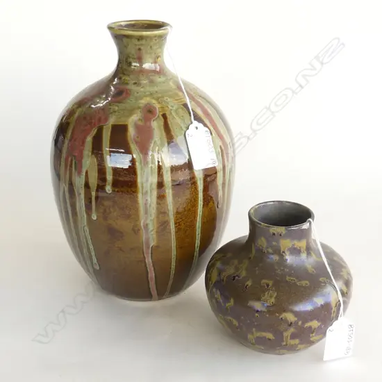 TWO POTTERY VASES; ONE SIGNED PM & OTHER STAMPED ASHWORTH H.230MM & 100MM