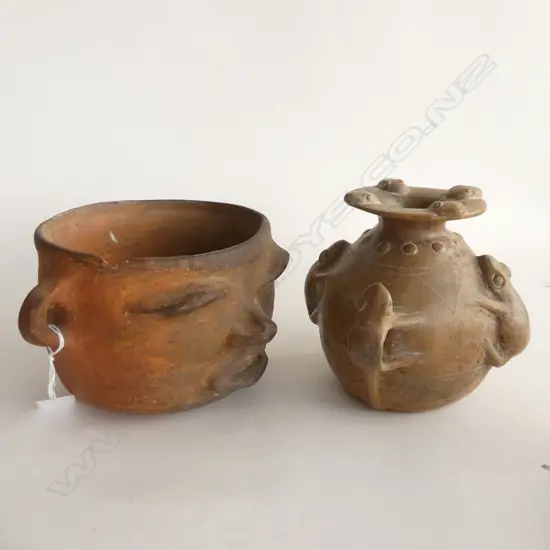 2 PCES SOUTH AMERICAN? TRIBAL POTTERY; FACE BOWL w. CHIP 170mm dia