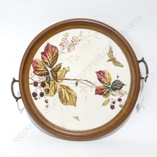 VINTAGE WOODEN FRAMED PORCELAIN TRAY W 2 HANDLES DIA 390MM. 