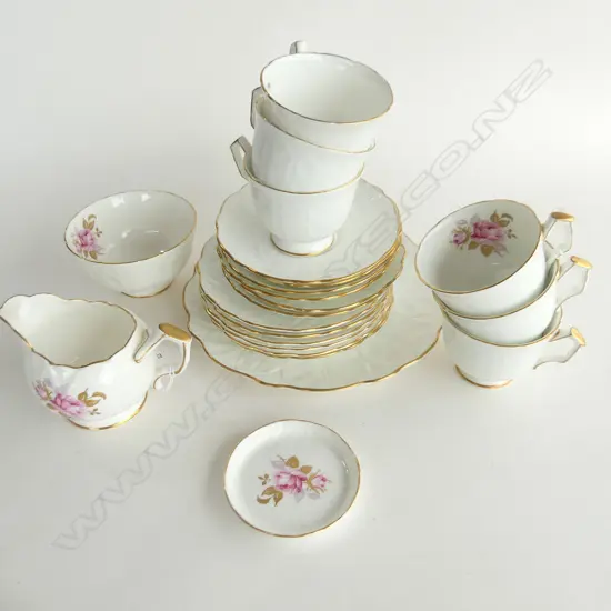 AYNSLEY 22 PC TEASET; 6 TRIOS, CAKE PLATE, SUGAR BOWL, MILK JUG & COASTER 