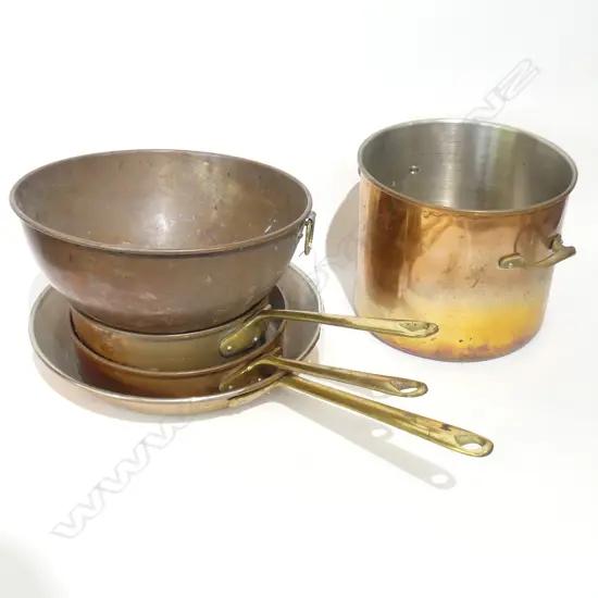 5 COPPER PCES; 3 SAUCE PANS, POT & BOWL 230mm dia
