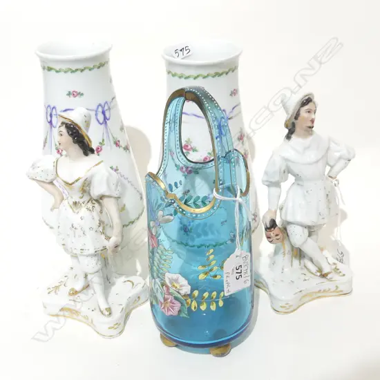 PR PORCELAIN VASES + VICTORIAN BLUE GLASS VASE + PR 19thC FIGURES H.185mm
