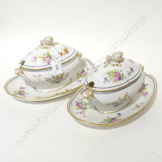 PR ANTIQUE PORCELAIN LIDDED TUREENS w. GILT TRIM & FLORAL SPRAYS W.230mm