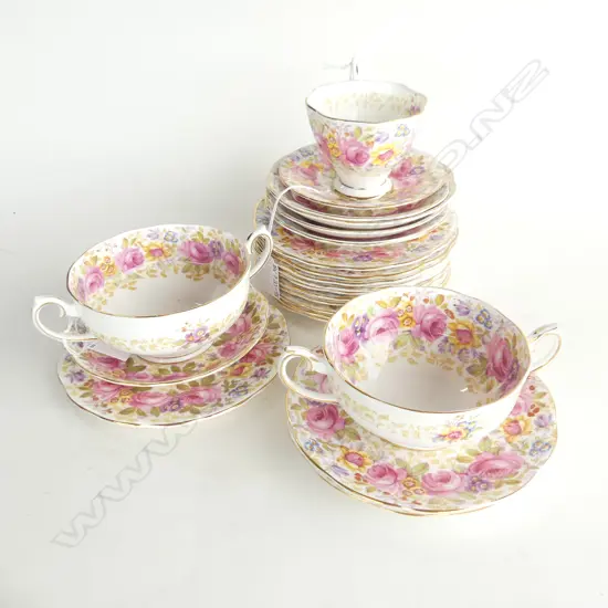 ROYAL ALBERT 'SERENA'; 1 TRIO, 10 SIDE PLATES, 2 SOUP COUPES & UNDERPLATES, 5 ASST SAUCERS