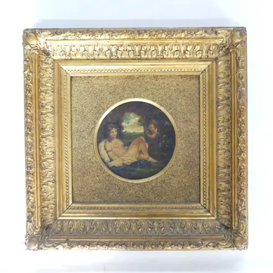ARTIST UNKNOWN - RECLINING NUDE & PUTTI ANTIQUE CIRCULAR OIL ON PANEL, GILT FRAME 115mm dia 330x330mm overall