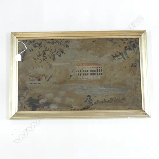 ANTIQUE FRAMED EMBROIDERED PANEL; LANDSCAPE 365x615mm