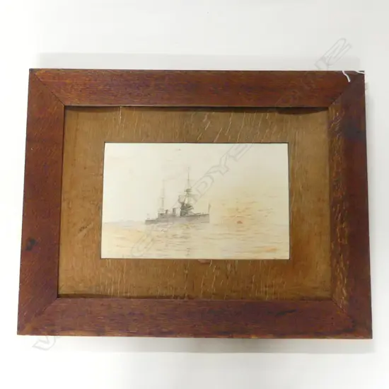 EARLY WATER COLOUR OF BATTLESHIP IN GOOD OAK FRAME (NO GLASS)  690 X 530MM