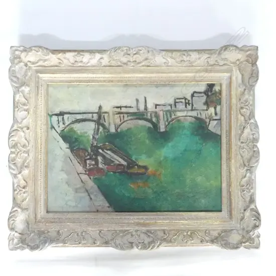 FRENCH RIVER SCENE - OIL ON CANVAS INITIALLED 'CH' 290x390mm