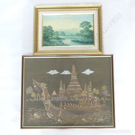 DRAGON PAINTING ON CLOTH  (485 X 385MM) + OIL ON BOARD SCENE, SIGNED (290 X 190MM)