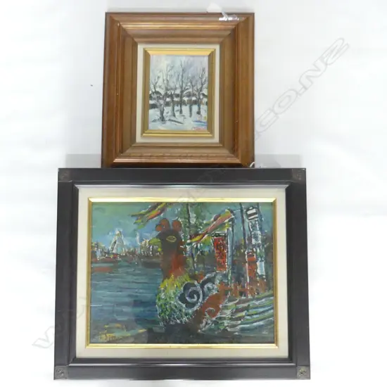 2 FRAMED OILS BY T. SIMIZU; SNOW LANDSCAPE 170x130mm & CHICKEN BOAT 310x400mm