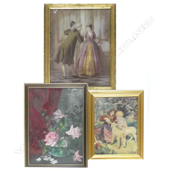2 OILOGRAPHS FRENCH COUPLE H800MM W500MM MOTHER & CHILD FEEDING LAMBS  H550MM W430 & OIL STILL LIFE ROSES H550MM  W500MM