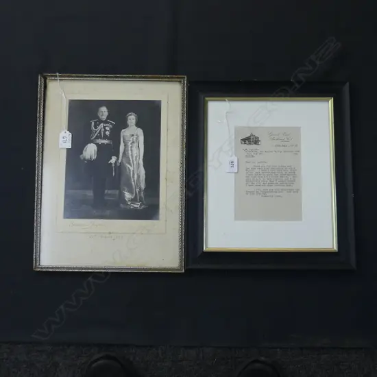 2 FRAMED ITEMS; PHOTO OF LORD & LADY FREYBERG 1952 280x215mm + 1945 LETTER NAPIER INTEREST 