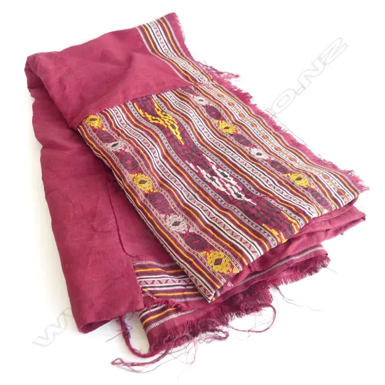 LGE SQUARE PCE OF MAROON FABRIC, EMBROIDERED TRIBAL TRIM