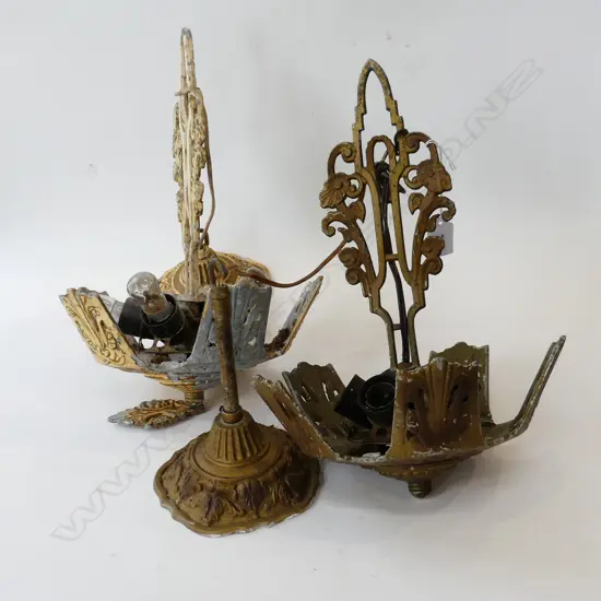 GOLD DECO LIGHT FITTING + SIMILAR PAIR (all with no glass)