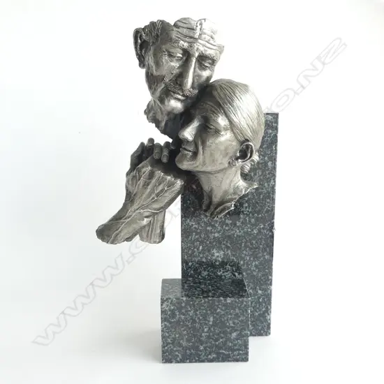 BLACK MARBLE & RESIN SCULPTURE; OLD COUPLE H.340mm