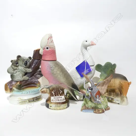 5 NOVELTY ANIMAL DECANTERS; GOOSE, COCKATOO, ARMADILLO, DUCK & KOALA H.310mm