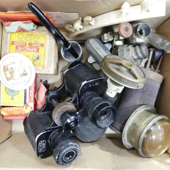 SM BOX ASST INCL BINOCULARS, CIGARETTE CARDS, BONE ELEPHANT ETC..